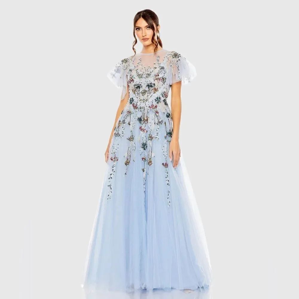 MAC DUGGAL Size 2 Periwinkle Blue Sequin Beaded High Neck Tulle Maxi Dress Gown